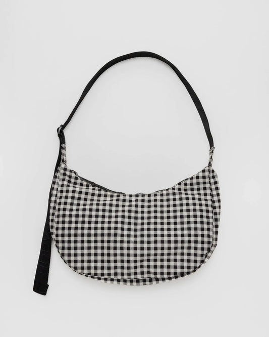 Medium Nylon Crescent Bag | Black & White Gingham